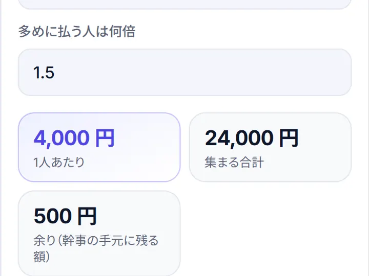 割り勘計算を使ったときの画面の例
